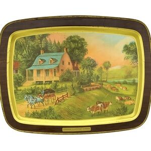 Vintage Currier & Ives American Homestead 1868 collection metal tray vintage tin